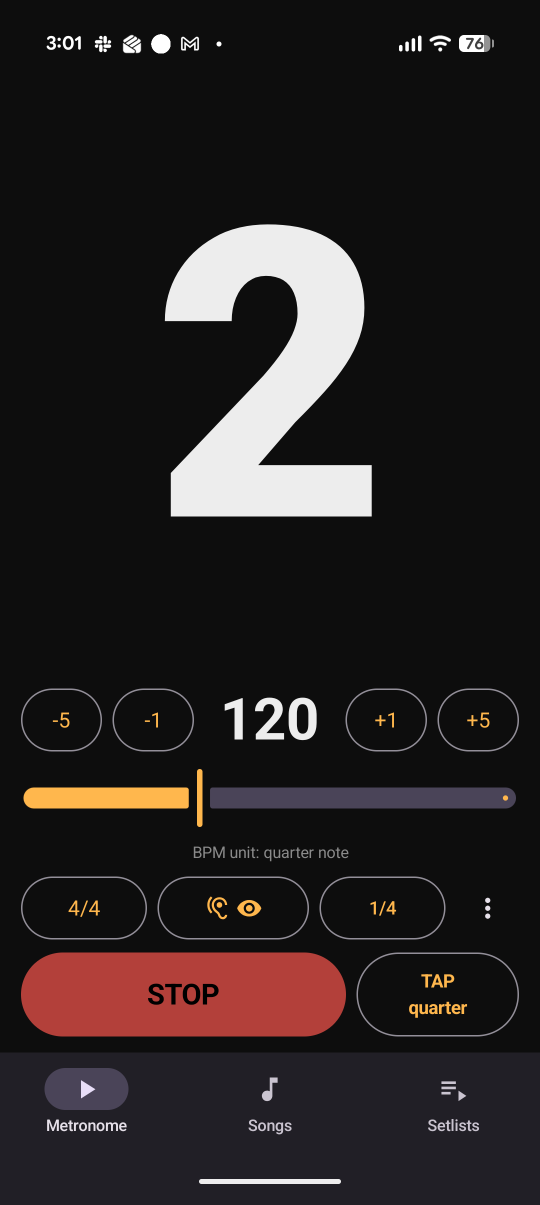 GigClick metronome running at 120 BPM with a large beat count and tempo, meter and subdivision controls