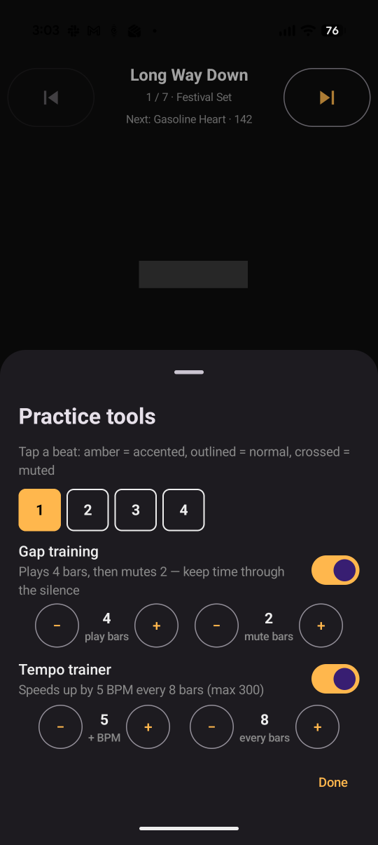 GigClick practice controls with per-beat accents, four-bar gap training and a five-BPM tempo trainer